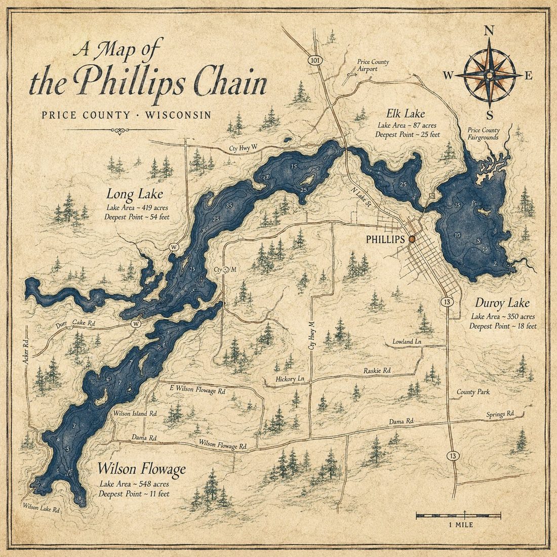 A hand-illustrated map of the Phillips Chain of Lakes in Price County, Wisconsin.