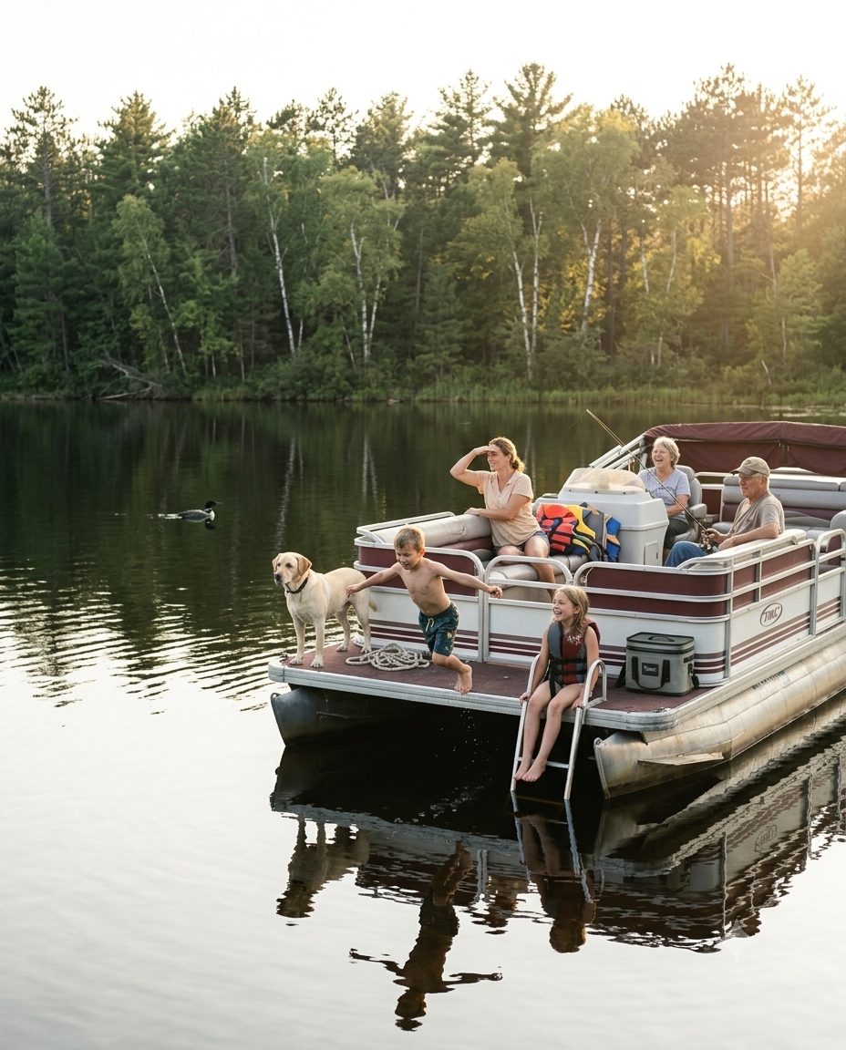 A family spending a golden-hour evening on a pontoon boat on a quiet Northwoods lake.